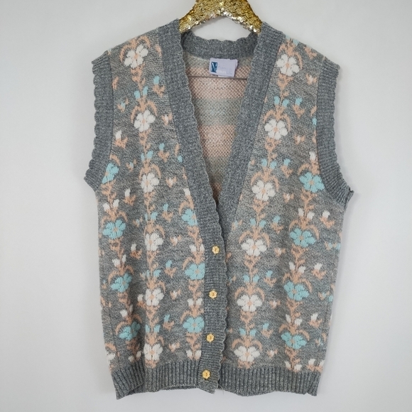 Vintage 80s Needles Up Plus Size Acrylic Floral Grey Sweater Vest Artsy Grandpa - Picture 1 of 7